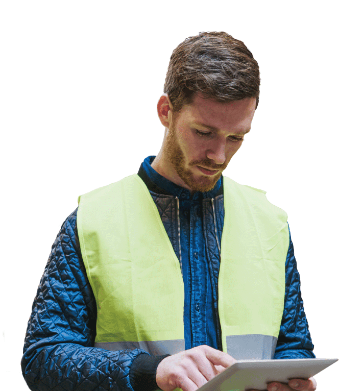 DC or warehouse worker using tablet to check Apex Cloud data